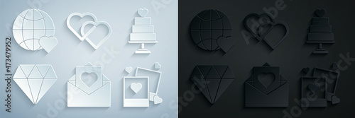 Set Envelope with Valentine heart, Wedding cake, Diamond, Two blanks photo frames and hearts, Linked Hearts and The world love icon. Vector