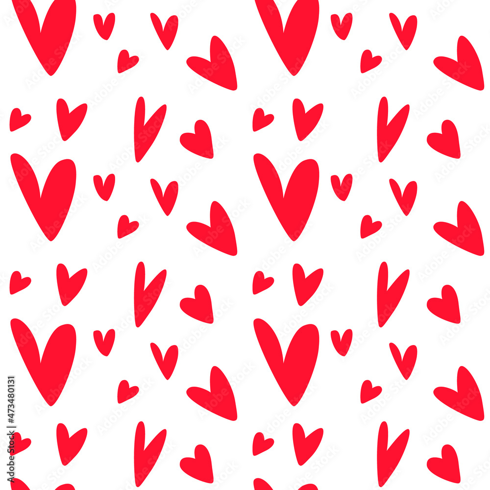 Vector seamless pattern with red hearts on a white background. Perfect for wrapping paper, print, Valentine's day, textile design.