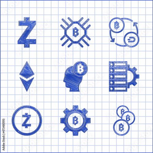Set Bitcoin think, Cryptocurrency, Server and gear, Zcash ZEC, Ethereum ETH, exchange and icon. Vector