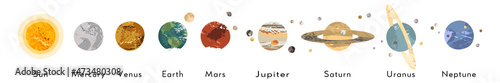 Solar system poster. Sun, Mercury, Venus, Earth, Moon, Mars, Jupiter, Saturn, Uranus, Neptune. Planet, satellite, asteroid belt, comet. Astronomy, astrophysics. Vector flat cartoon cosmic illustration