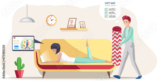 Concept of choosing fabric. Woman orders carpet in an online store with textile rolls, rugs or mats. Girl equips apartment, selects design for room, thinking about flooring. Floor mat delivery service