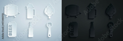 Set Beer bottle, Hop, can, Bottle opener, Glass of beer and Wooden barrel on rack with stopcock icon. Vector