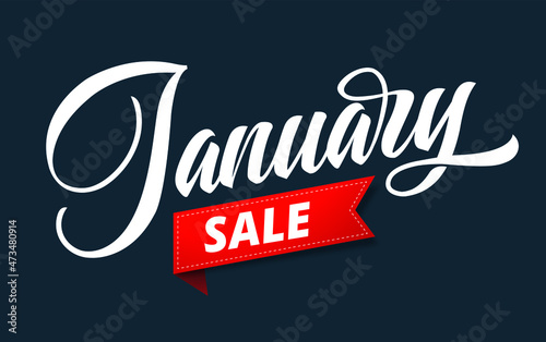 January Sale typography poster graphic design. Handwritten hello January text, greeting card social media post template with lettering, brush stroke curve. Vector Illustration, black background