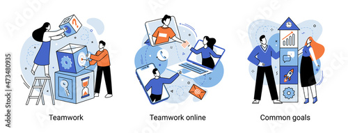 Teamwork online, common goals scenes set. Business meeting successful teamwork concept. Businessman and woman characters communicating via internet, collaborating, brainstorming, discussion idea