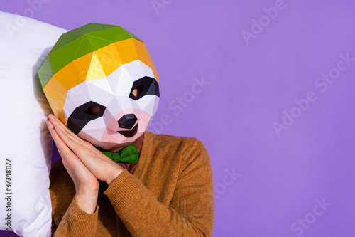 Photo of young man sleepy enjoy dreamy sleepover weird red panda isolated over purple color background