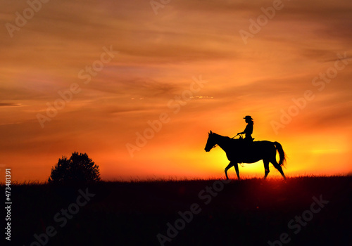 Riding horse at sunset, silhouette. A cowboy girl in a hat rides a horse against the background of a bright red beautiful sunset cloudy sky. © Max