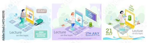 Analysing integration of technologies for enviroment protection. People give lecture on topic of green technology illustrations set. Waste recycling, alternative energy generation, creation of biofuel