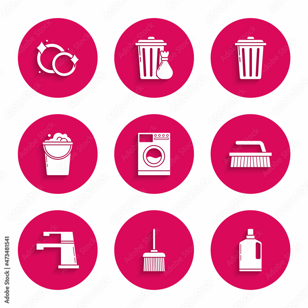 Set Washer, Handle broom, Plastic bottles for liquid dishwashing liquid, Brush cleaning, Water tap, Bucket with foam bubbles, Trash can and Washing dishes icon. Vector Set Washer, Handle broom, Plastic bottles for liquid dishwashing liquid, Brush cleaning, Water tap, Bucket with foam bubbles, Trash can and Washing dishes icon. Vector