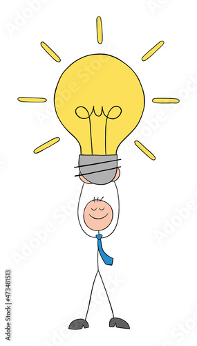 Stickman businessman lifts the light bulb up and is happy, hand drawn outline cartoon vector illustration