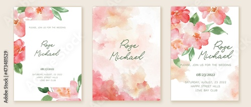 Set of elegant, romantic wedding cards, covers, invitations with pink, blush flowers. Watercolor blossoms, green leaves