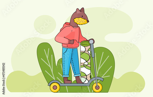 Funny cartoon animal with carpet. Lovely cute beaver with rug is riding scooter. Concept of choosing new carpet. Animal equips apartment, selects design for room and flooring, indoor decorating
