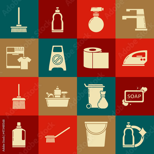 Set Plastic bottles for liquid dishwashing liquid, Bar of soap with foam, Electric iron, , Wet floor and cleaning progress, Washer t-shirt, Mop and Toilet paper roll icon. Vector