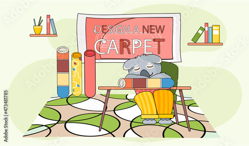 Design a new carpet. Cartoon character sitting asleep at table in childrens room with different rugs. Concept of choosing new carpet. Animal equips apartment, selects design for room and flooring