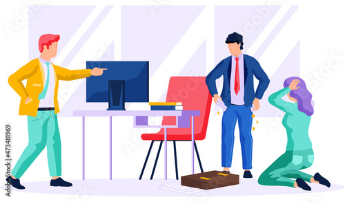 Depressed and shocked people in office scene. Company cost reduction, business failure and finance crisis. Colleagues scared of impending bankruptcy and business disruption, decrease in profit