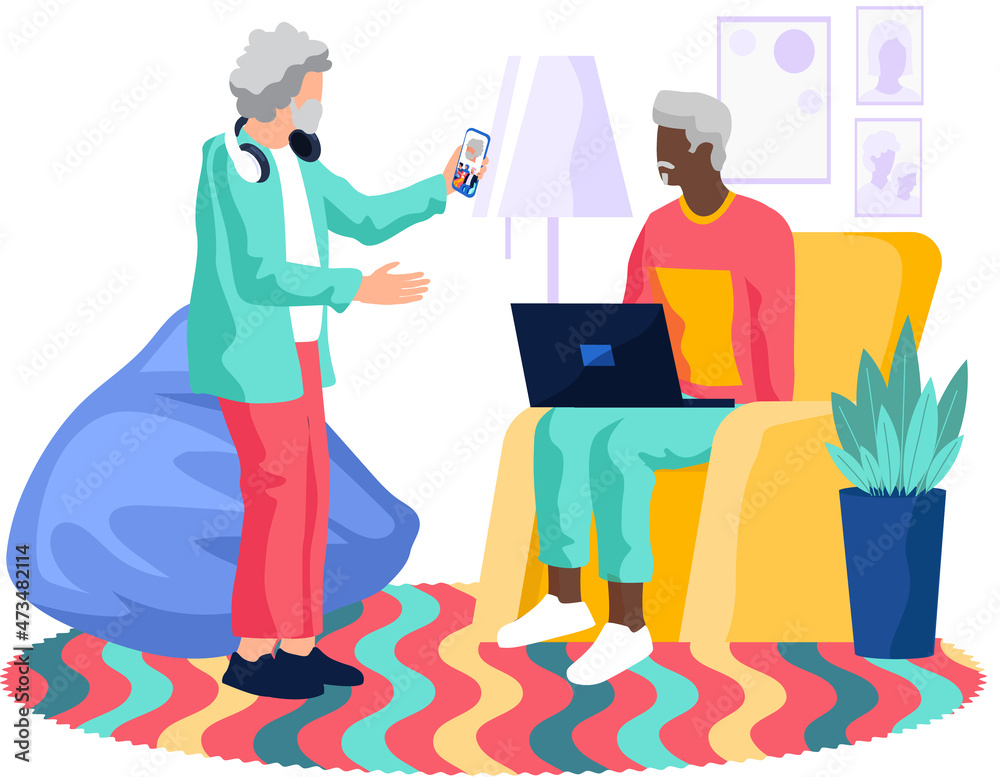Studying computer by elderly people concept. Technology spread, oldster education, active social life, online communication, senior couple with tablet, learning to use PC and smartphone together