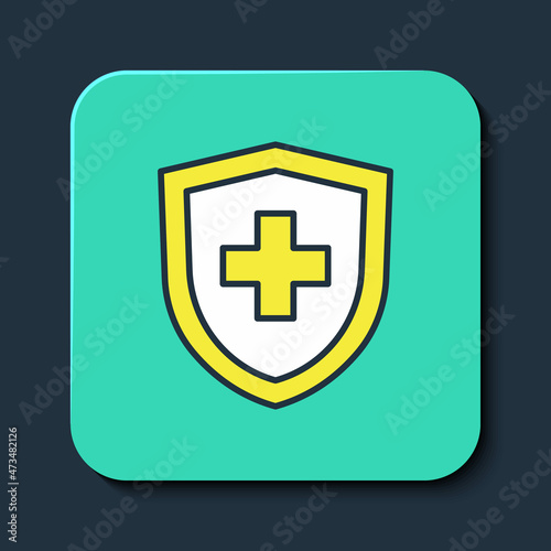 Filled outline Life insurance with shield icon isolated on blue background. Security, safety, protection, protect concept. Turquoise square button. Vector