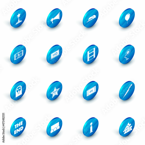 Set Megaphone, Cap with inscription director, Balloon ribbon, Play Video, Funny and scary ghost mask, Laptop screen HD video technology, Table lamp and icon. Vector