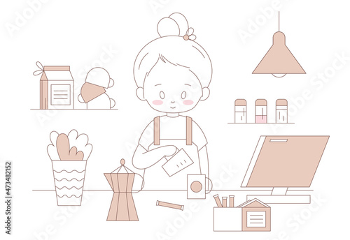 Girl barista brewing coffee line art vector illustration. Female cute person in apron making coffee in coffee shop or cafe. Line art drawing of coffee staff in asian style isolated in brown color.