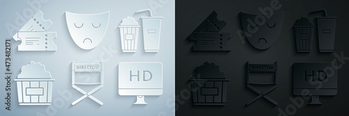 Set Director movie chair, Popcorn and soda drink glass, cardboard box, Computer PC monitor with HD video technology, Drama theatrical mask and Cinema ticket icon. Vector
