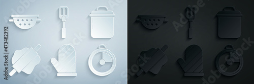 Set Oven glove, Cooking pot, Rolling pin, Kitchen timer, Spatula and colander icon. Vector