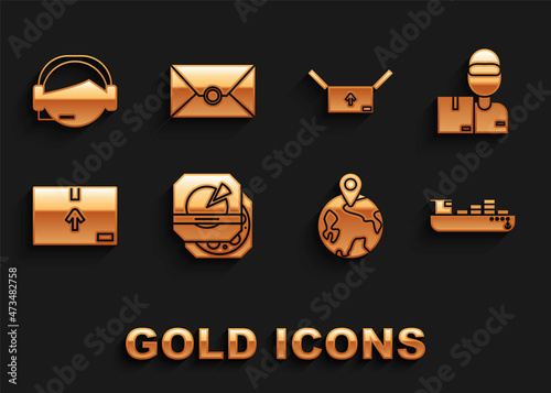 Set Pizza in cardboard box, Delivery man with boxes, Cargo ship delivery service, Worldwide, Cardboard traffic symbol, Support operator touch and Envelope icon. Vector