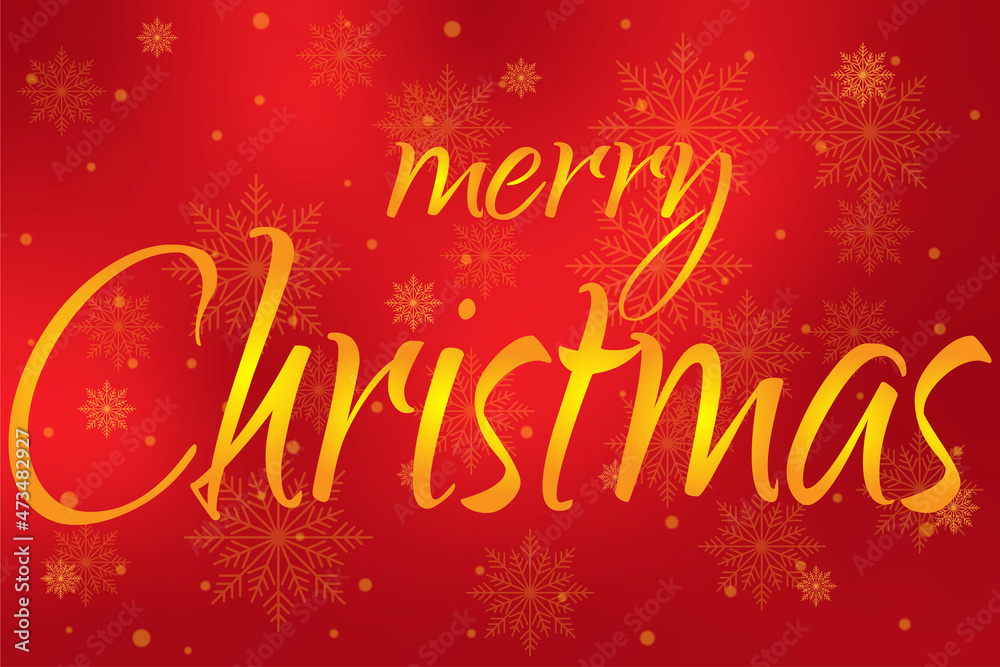 Yellow inscription merry christmas on red bright background with bokeh lights effect and snowflakes