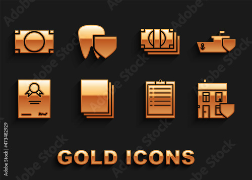 Set Clean paper, Ship with shield, House, Clipboard checklist, Certificate template, Stacks money cash, and Tooth icon. Vector