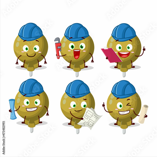 architect yellow lolipop wrapped cute mascot character with pliers