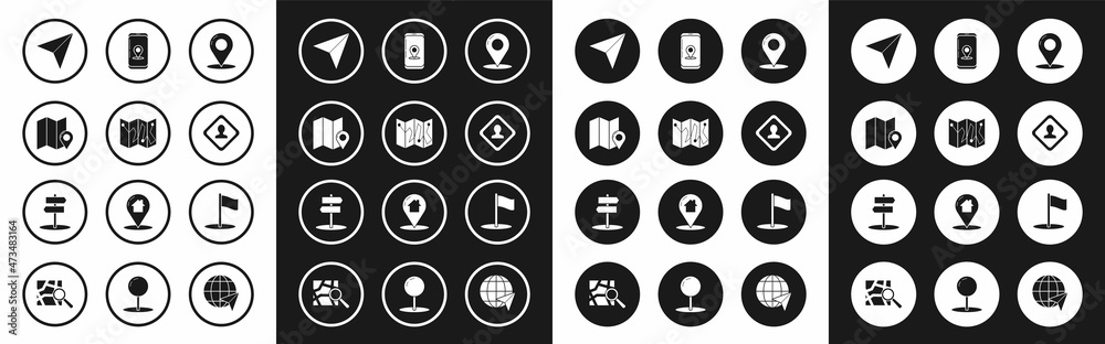 Set Map pin, Folded map with location marker, Paper airplane, Road traffic sign, Infographic of city navigation, Flag and icon. Vector Set Map pin, Folded map with location marker, Paper airplane, Road traffic sign, Infographic of city navigation, Flag and icon. Vector
