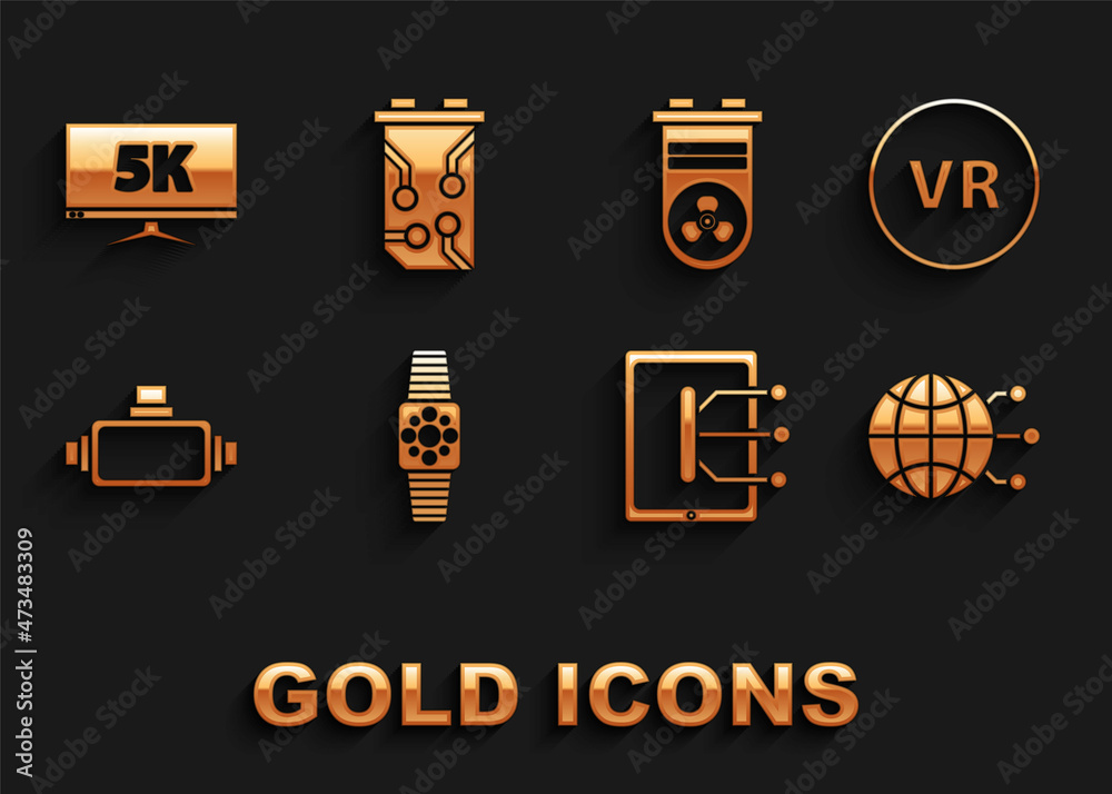 Set Smartwatch, Virtual reality, Global technology or social network, Tablet, glasses, Video graphic card, Monitor display with 5k video and icon. Vector Set Smartwatch, Virtual reality, Global technology or social network, Tablet, glasses, Video graphic card, Monitor display with 5k video and icon. Vector