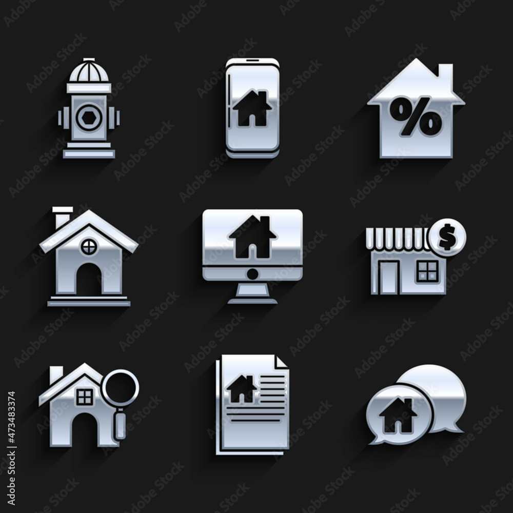 Set Computer monitor with smart home, House contract, building in speech bubble, dollar symbol, Search house, percant discount tag and Fire hydrant icon. Vector Set Computer monitor with smart home, House contract, building in speech bubble, dollar symbol, Search house, percant discount tag and Fire hydrant icon. Vector