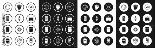 Set Virtual reality, Smartwatch, Mobile and graphic password protection, Processor, Laptop, glasses, Air headphones in box and Voice assistant icon. Vector