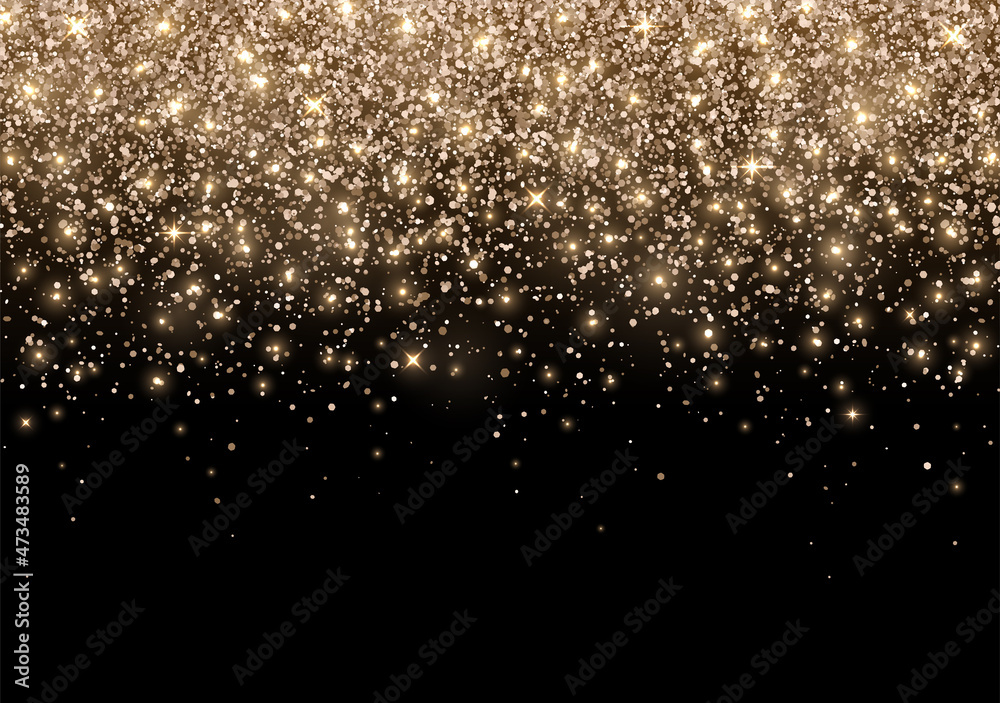 Holiday background scattering of bronze gold glitter on black background. Vector