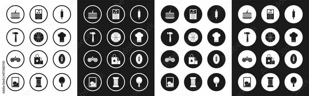 Set Rolling pin, Basketball ball, Hammer, Cake, Chef hat, Music player, American Football and Gamepad icon. Vector Set Rolling pin, Basketball ball, Hammer, Cake, Chef hat, Music player, American Football and Gamepad icon. Vector