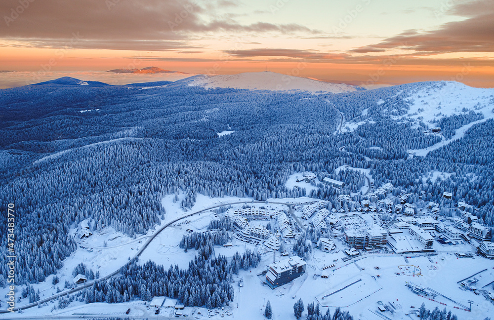 Aerial view over Kopaonik Ski Resort in Serbia. Winter sports season started. One of the best places to ski in Europe.
