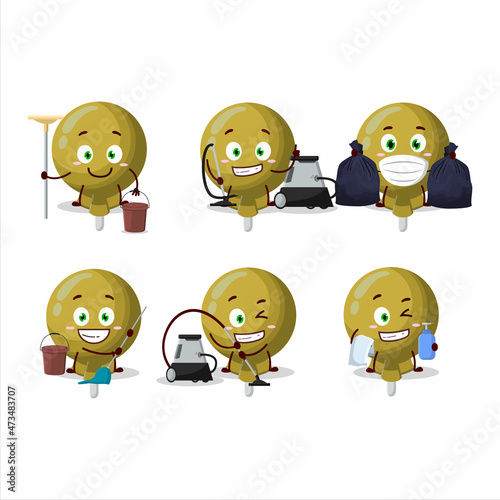Cleaning service yellow lolipop wrapped cute cartoon character using mop