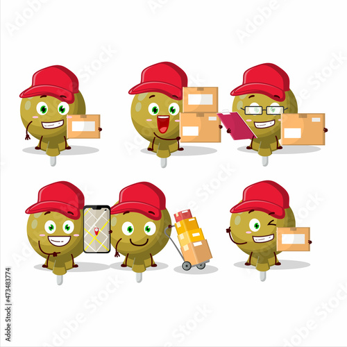 Cartoon character design of yellow lolipop wrapped working as a courier