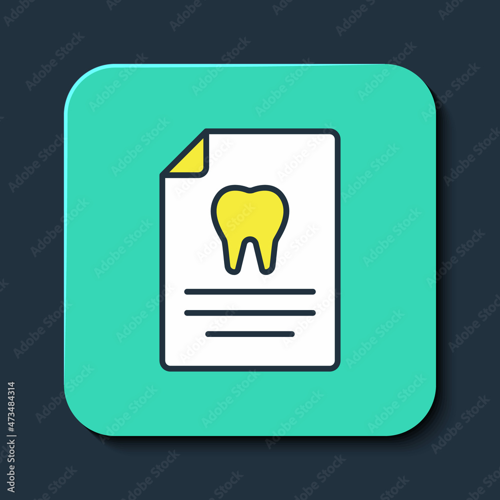 Filled outline Clipboard with dental card or patient medical records icon isolated on blue background. Dental insurance. Dental clinic report. Turquoise square button. Vector Filled outline Clipboard with dental card or patient medical records icon isolated on blue background. Dental insurance. Dental clinic report. Turquoise square button. Vector