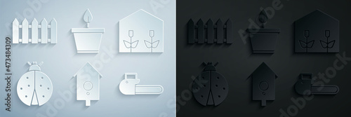 Set Retro wall watch, Home greenhouse and plants, Ladybug, Chainsaw, Plant pot and Garden fence wooden icon. Vector
