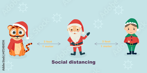 Social distancing in Christmas design. Santa Claus, Tiger and Elf.