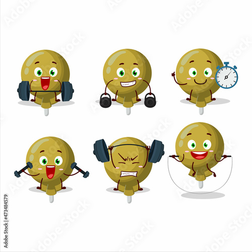 A healthy yellow lolipop wrapped cartoon style trying some tools on Fitness center