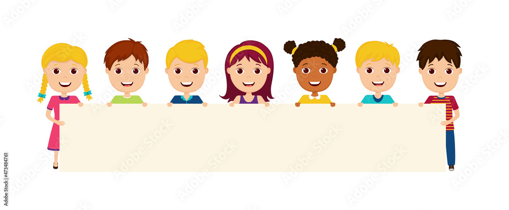 Kids hold placard. Children holding blank banner. Cartoon illustration with little boys and girls for showing of placard. Happy and cute childs with poster for school, group and kindergarten. Vector Kids hold placard. Children holding blank banner. Cartoon illustration with little boys and girls for showing of placard. Happy and cute childs with poster for school, group and kindergarten. Vector