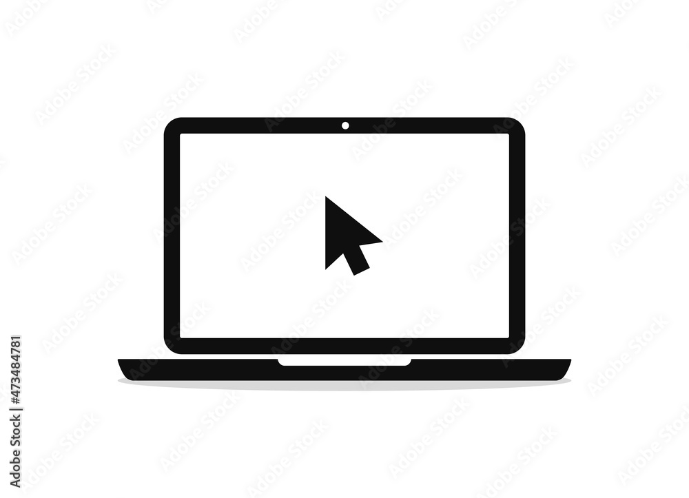 Laptop icon with arrow of mouse. Pictogram of pc with cursor on screen. Computer in flat style for click on website in internet. Logo of laptop desktop for online work or company. Vector Laptop icon with arrow of mouse. Pictogram of pc with cursor on screen. Computer in flat style for click on website in internet. Logo of laptop desktop for online work or company. Vector