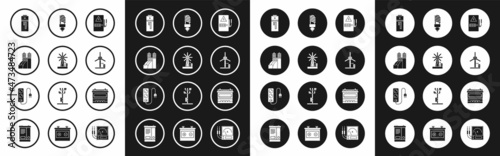 Set Electrical panel, Wind turbine, Nuclear power plant, Battery, LED light bulb, Car battery and extension cord icon. Vector