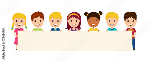 Kids hold placard. Children holding blank banner. ​Cartoon illustration with little boys and girls for showing of placard. Happy and cute childs with poster for school, group and kindergarten. Vector