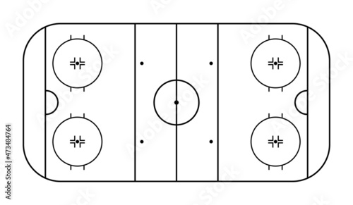 Hockey field. Outline rink. Hockey ice arena for nhl and winter sport game. Ice pitch in top view. Stadium with graphic line diagram. Outline background for plan and play. Vector photo
