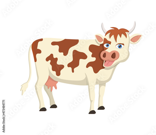 Cartoon cow. Cute animal with udder for milk. Happy character in farm. Funny cow say moo. Isolated on white background. Cartoon icon of cattle. Young livestock for farming. Toy of baby. Vector