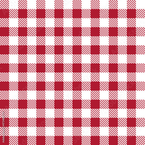Picnic pattern. Red gingham. Red-white tablecloth or napkin. Square cloth for plaid, blanket or kitchen. Checkered seamless background. Texture for restaurant, menu and table. Vector