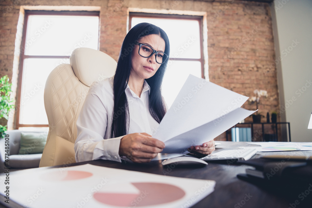 Portrait of confident successful lady sitting chair hold reading papers daylight loft room office Portrait of confident successful lady sitting chair hold reading papers daylight loft room office