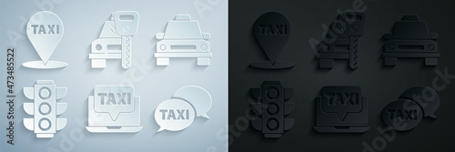 Set Laptop call taxi service, Taxi car, Traffic light, telephone, Car rental and Map pointer with icon. Vector